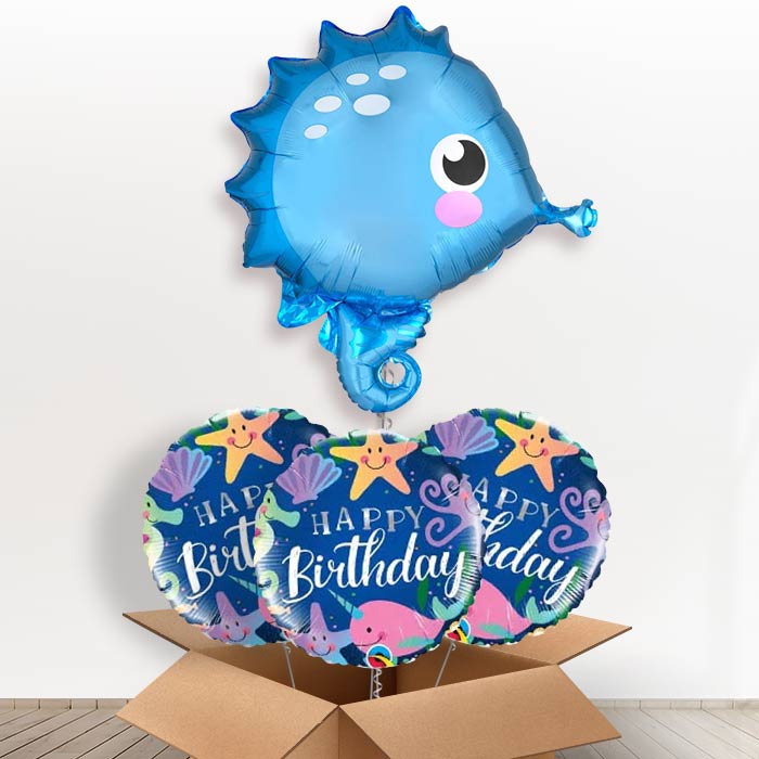 Seahorse Helium Balloons Delivered in a Box - With 3 Themed Balloons | Party Save Smile
