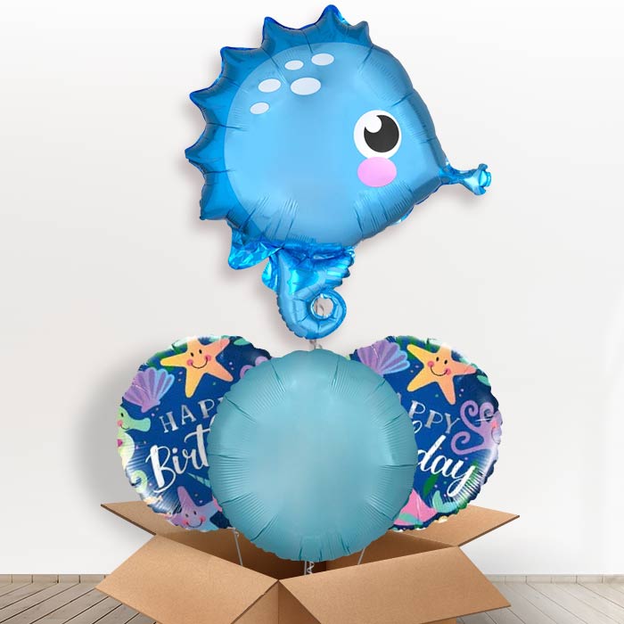 Seahorse Helium Balloons Delivered in a Box-1 x Giant Balloon and 2 Themed Balloons and 1 Plain Balloon 