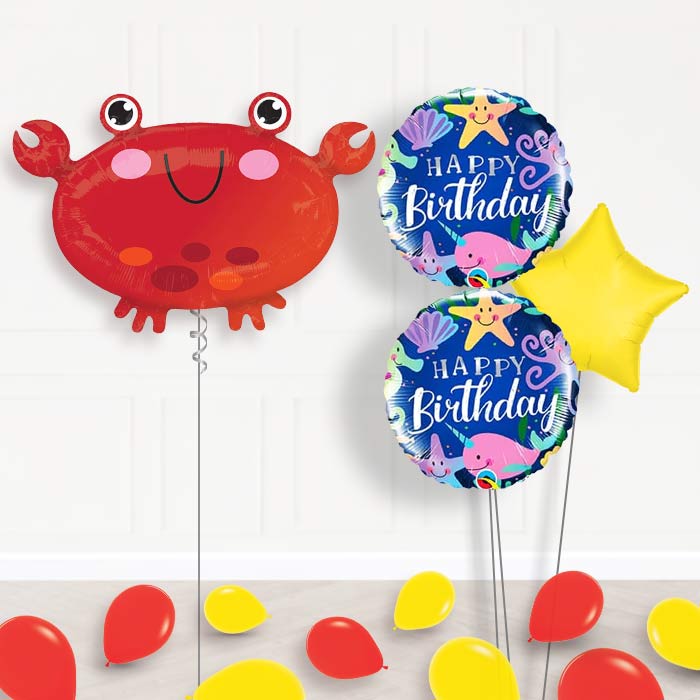 Crab Helium Balloon Bouquet in a Box-Giant Balloon + 2 Themed Balloons + 1 Plain Balloon + Mini Balloons 