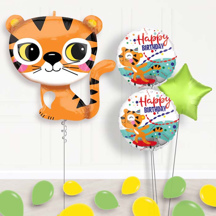 Cute Tiger Helium Balloon Bouquet Delivered-Giant Balloon + 2 Themed Balloons + 1 Plain Balloon + Mini Balloons 