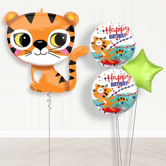 Cute Tiger Helium Balloon Bouquet Delivered-Giant Balloon + 2 Themed Balloons + 1 Plain Balloon 