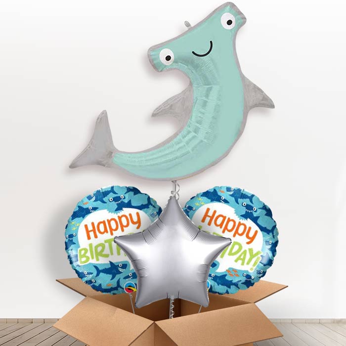 Hammerhead Shark Helium Balloon in a Box-1 x Giant Balloon and 2 Themed Balloons and 1 Plain Balloon 