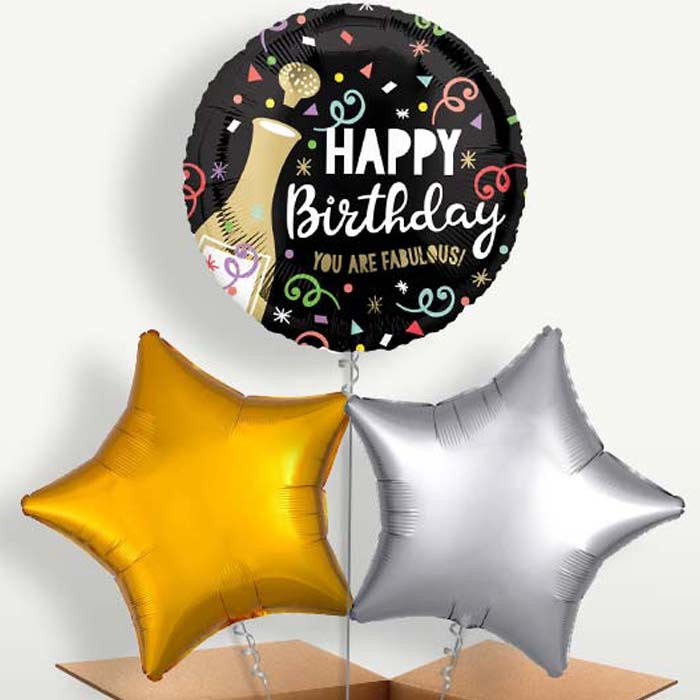 Gold Bubbly Birthday Trio Balloon Bunch inflated with Helium | Party Save Smile