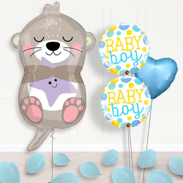 Adorable Otter Baby Boy Balloon Bouquet Delivery-Giant Balloon + 2 Themed Balloons + 1 Plain Balloon + Mini Balloons 