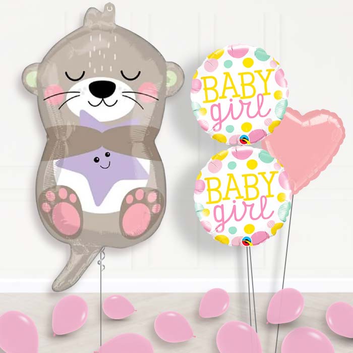Adorable Otter Baby Girl Balloon Bouquet Delivery-Giant Balloon + 2 Themed Balloons + 1 Plain Balloon + Mini Balloons 