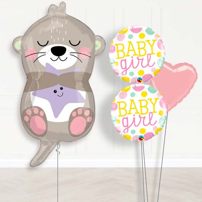 Adorable Otter Baby Girl Balloon Bouquet Delivery-Giant Balloon + 2 Themed Balloons + 1 Plain Balloon 