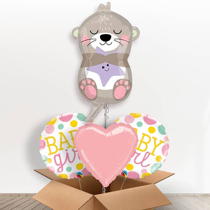 Adorable Otter Baby Girl Helium Balloon in a Box-1 x Giant Balloon and 2 Themed Balloons and 1 Plain Balloon 