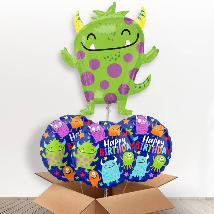 Green Monster Helium Balloon in a Box - With 3 Themed Balloons | Party Save Smile