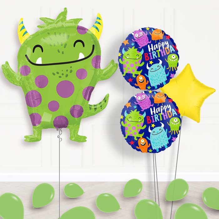 Green Monster Balloon Bouquet Delivery-Giant Balloon + 2 Themed Balloons + 1 Plain Balloon + Mini Balloons 