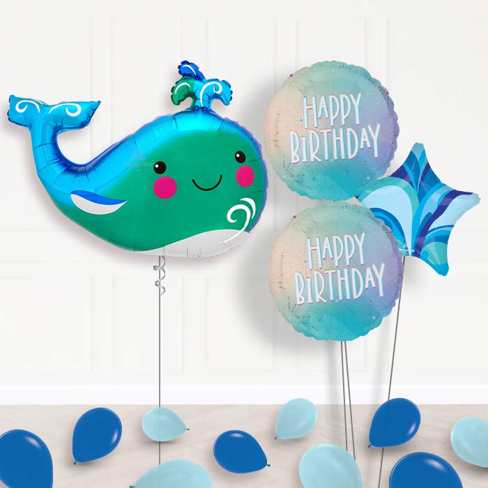 Happy Whale Balloon Bouquet Delivery-Giant Balloon + 2 Themed Balloons + 1 Plain Balloon + Mini Balloons 