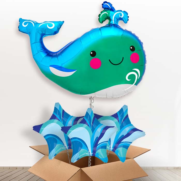 Happy Whale Helium Balloon in a Box - with 3 Plain Balloons | Party Save Smile