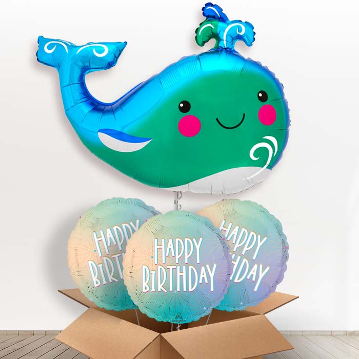 Happy Whale Helium Balloon in a Box - with 3 Themed Balloons | Party Save Smile