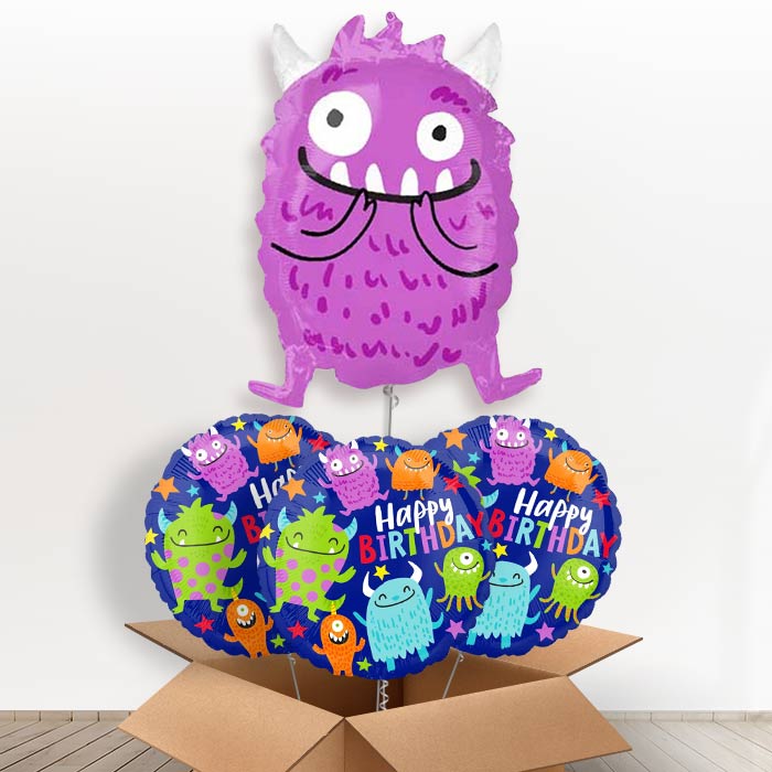 Purple Monster Helium Balloon in a Box - With 3 Themed Balloons | Party Save Smile