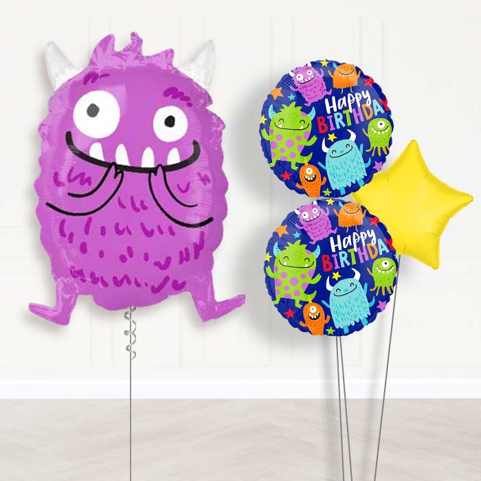Purple Monster Balloon Bouquet Delivery-Giant Balloon + 2 Themed Balloons + 1 Plain Balloon 