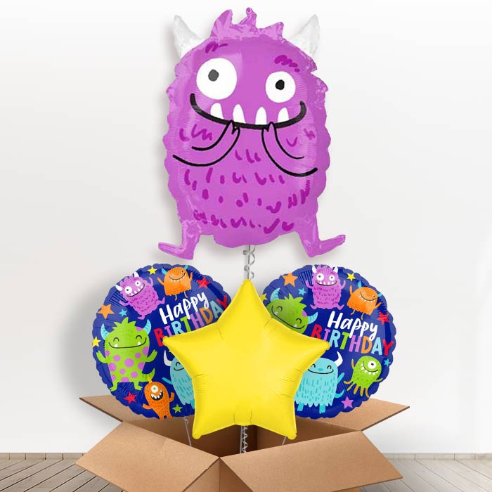 Purple Monster Helium Balloon in a Box-1 x Giant Balloon and 2 Themed Balloons and 1 Plain Balloon 