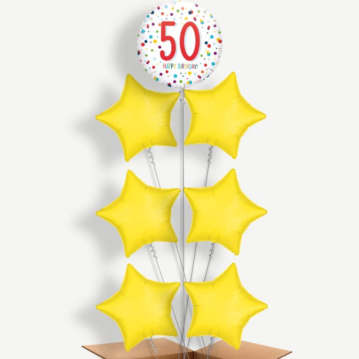 Rainbow 50th Birthday Confetti Helium Balloon Arrangement | Party Save Smile