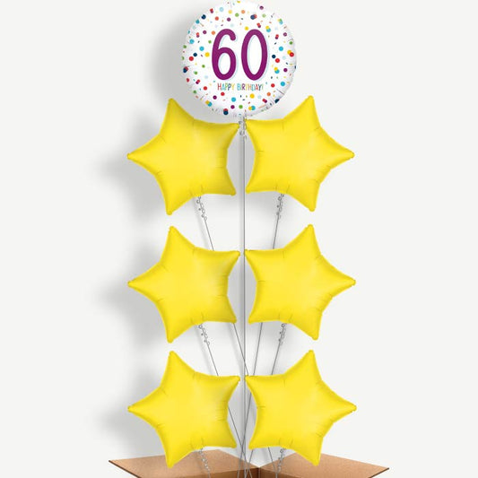 Rainbow 60th Birthday Confetti Helium Balloon Arrangement | Party Save Smile