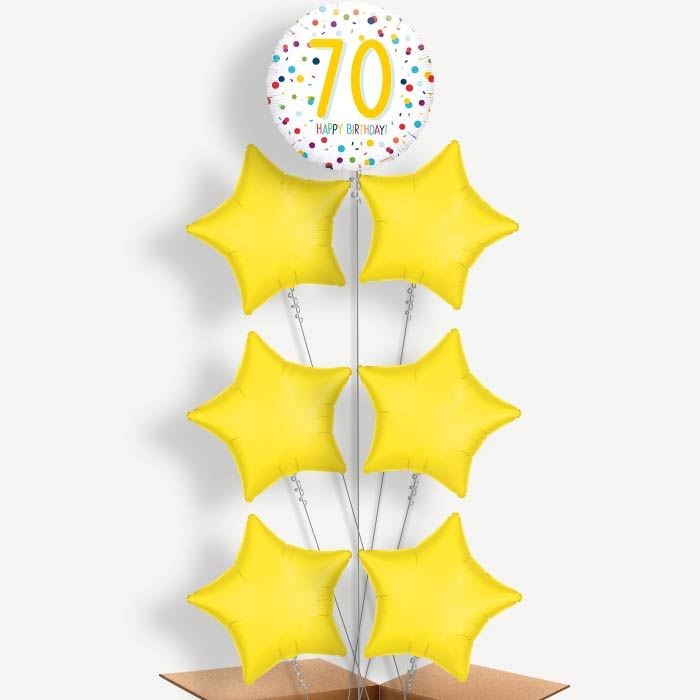 White Rainbow Confetti 70th Birthday Balloon Arrangement | Party Save Smile