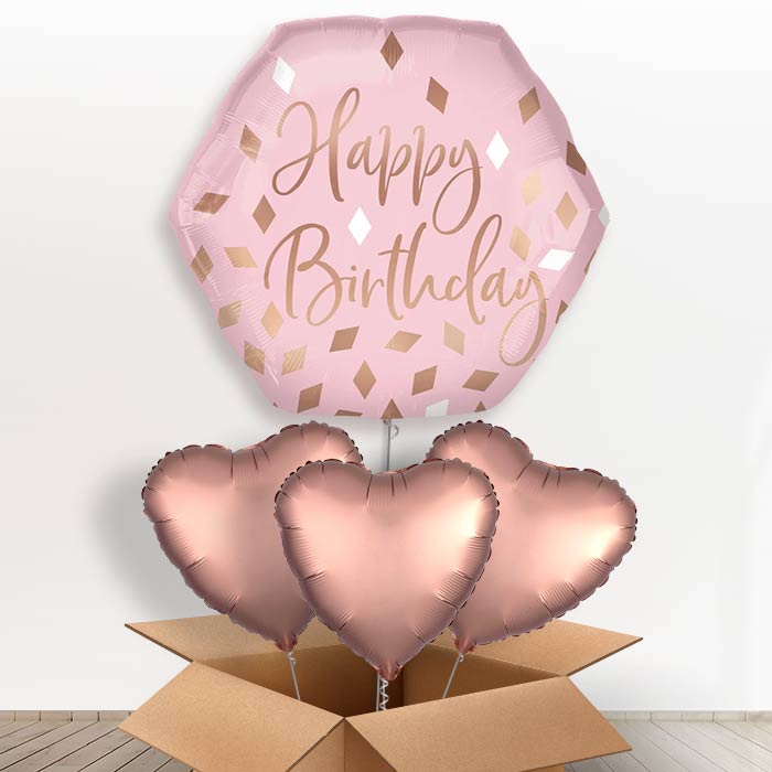 Pink and Rose Gold Helium Balloons in a Box - Giant Balloon with 3 Hearts | Party Save Smile