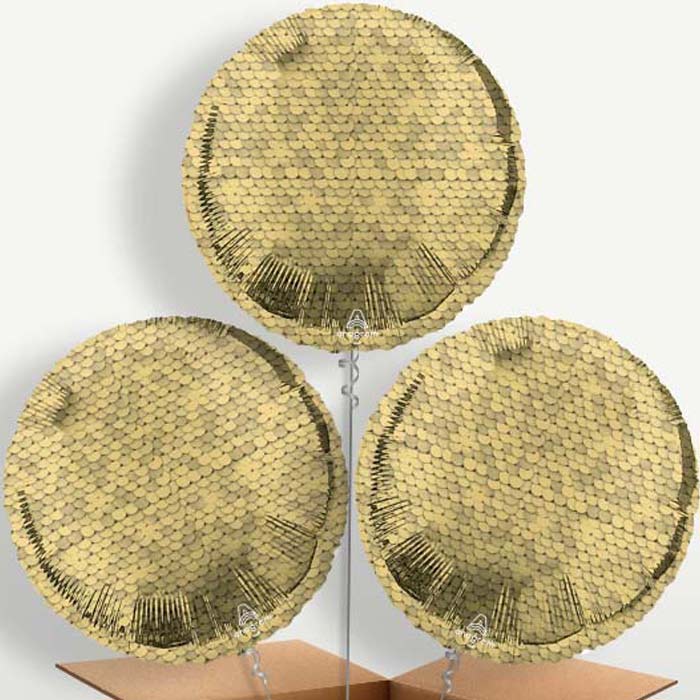 Glitter Gold Sequins Trio Balloon Bunch inflated with Helium | Party Save Smile