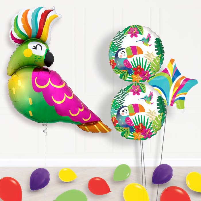 Tropical Parrot Balloon Bouquet Delivery-Giant Balloon + 2 Themed Balloons + 1 Plain Balloon + Mini Balloons 