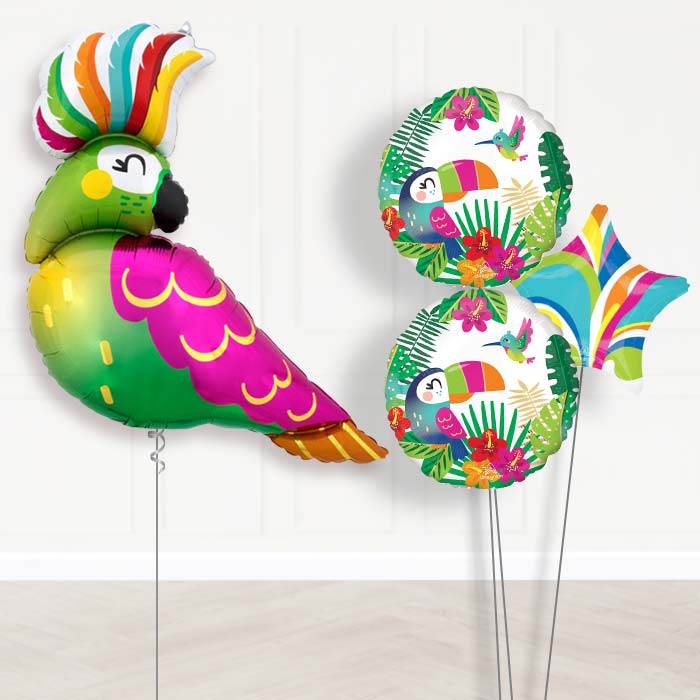 Tropical Parrot Balloon Bouquet Delivery-Giant Balloon + 2 Themed Balloons + 1 Plain Balloon 
