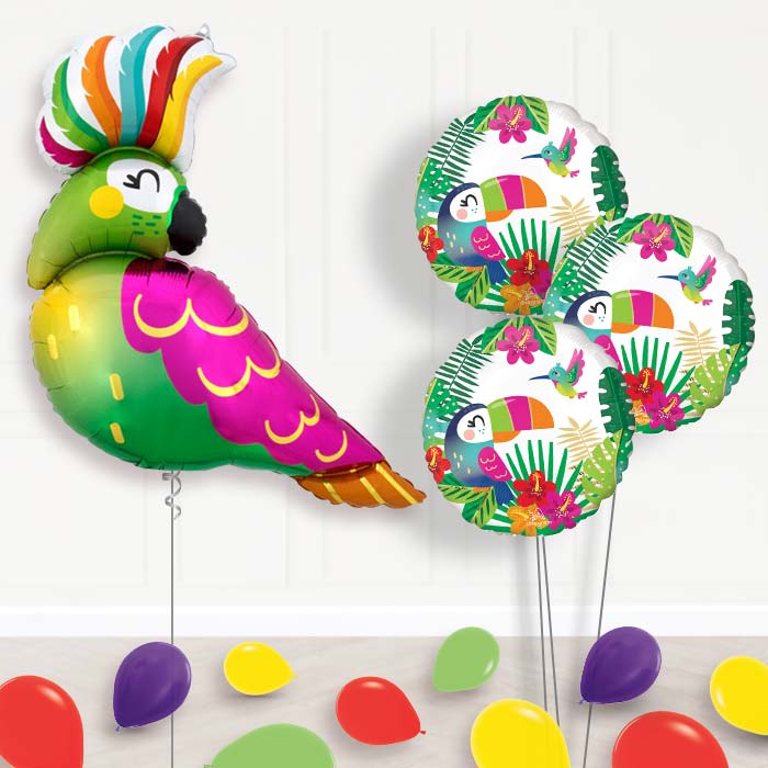 Tropical Parrot Balloon Bouquet Delivery - 1 x Giant Balloon with Themed Bouquet and Latex | Party Save Smile