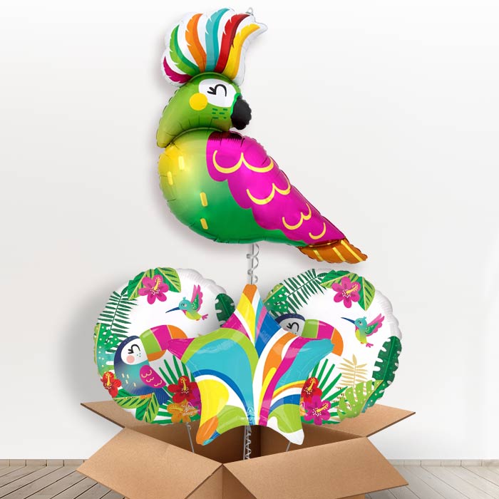 Tropical Parrot Helium Balloon in a Box-1 x Giant Balloon and 2 Themed Balloons and 1 Plain Balloon 