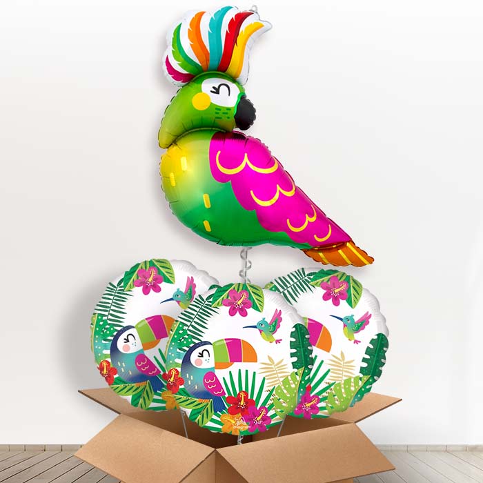 Tropical Parrot Helium Balloon in a Box - with 3 Themed Balloons | Party Save Smile