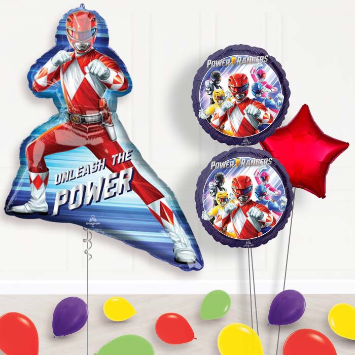 Power Rangers Red Ranger Balloon Bouquet Delivery-Giant Balloon + 2 Themed Balloons + 1 Plain Balloon + Mini Balloons 