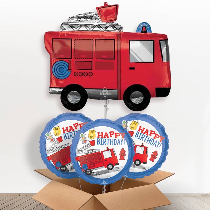 Fire Engine Helium Balloon In a Box - With 3 Themed Balloons | Party Save Smile