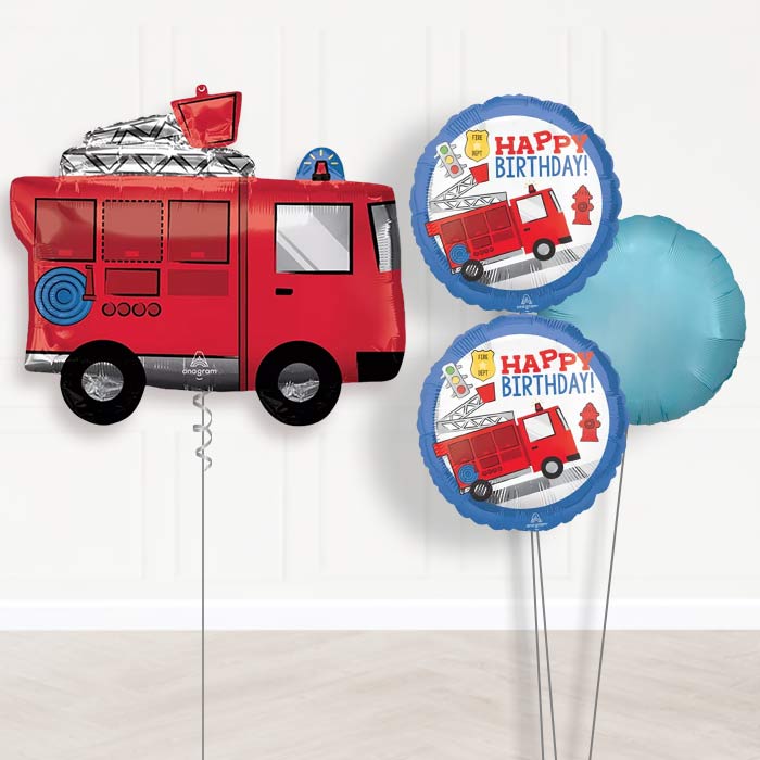 Fire Engine Inflated Helium Balloons Delivered-Giant Balloon + 2 Themed Balloons + 1 Plain Balloon 