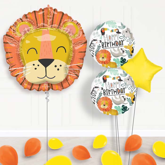 Get Wild Lion Head Balloon Bouquet Delivery-Giant Balloon + 2 Themed Balloons + 1 Plain Balloon + Mini Balloons 