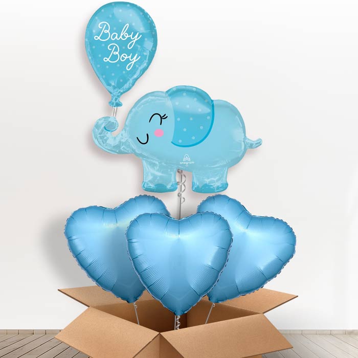 Giant Baby Boy Blue Elephant Shaped Helium Balloon in a Box - With 3 Plain Balloons | Party Save Smile