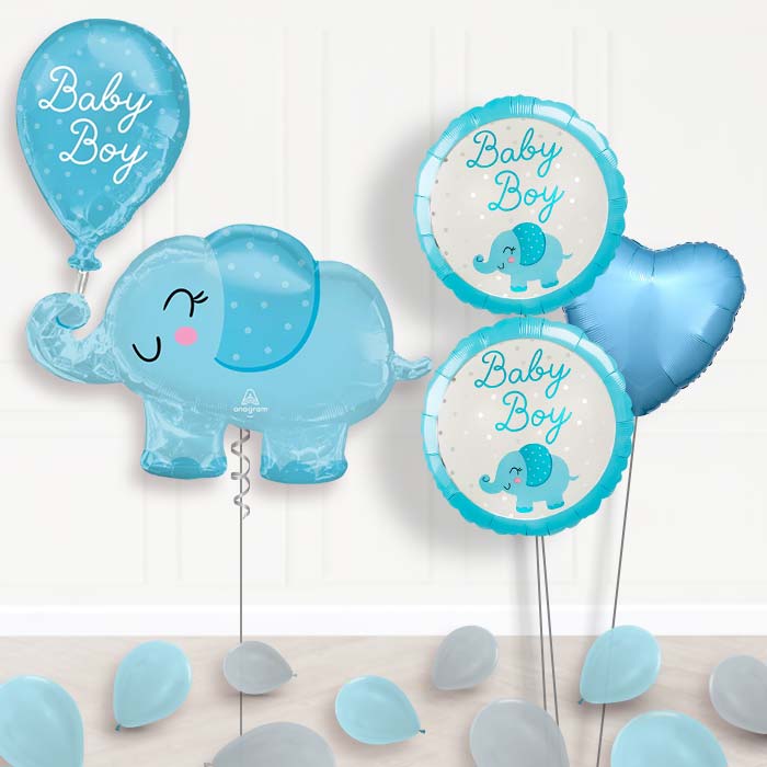 Giant Baby Boy Blue Elephant Shaped Balloon Bouquet-Giant Balloon + 2 Themed Balloons + 1 Plain Balloon + Mini Balloons 