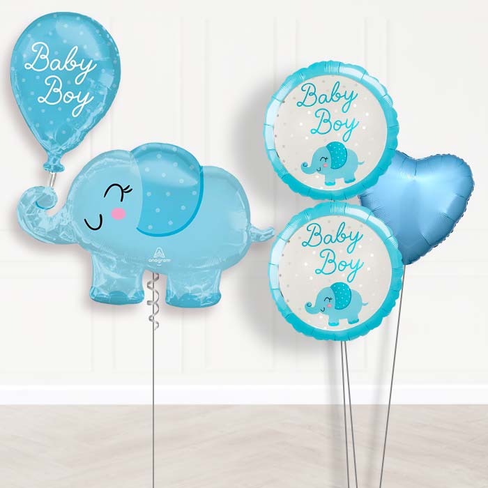 Giant Baby Boy Blue Elephant Shaped Balloon Bouquet Delivery-Giant Balloon + 2 Themed Balloons + 1 Plain Balloon 