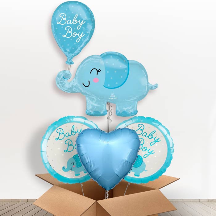 Giant Baby Boy Blue Elephant Shaped Helium Balloon in a Box-1 x Giant Balloon and 2 Themed Balloons and 1 Plain Balloon 