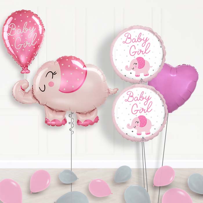 Giant Baby Girl Pink Elephant Shaped Balloon Bouquet-Giant Balloon + 2 Themed Balloons + 1 Plain Balloon + Mini Balloons 