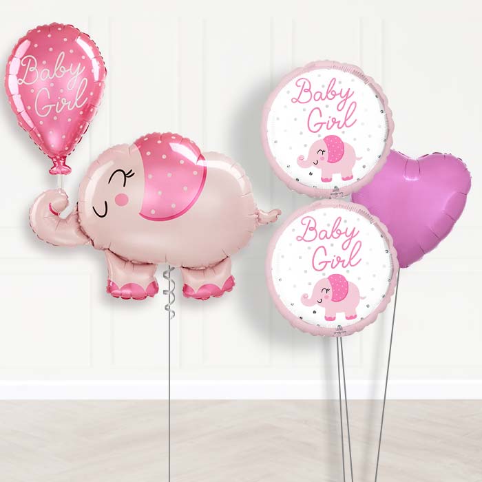 Giant Baby Girl Pink Elephant Shaped Balloon Bouquet-Giant Balloon + 2 Themed Balloons + 1 Plain Balloon 