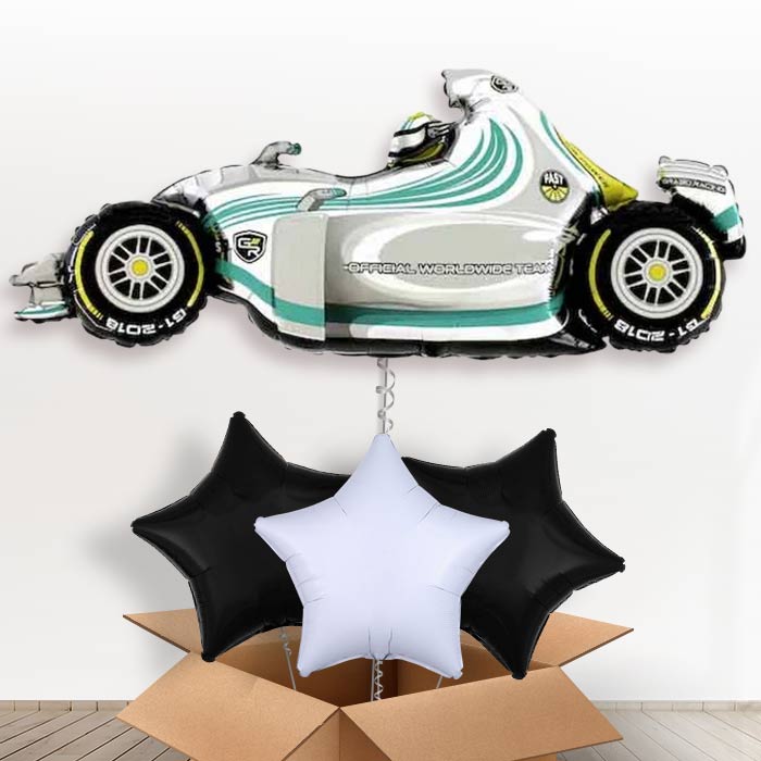 Giant Grey Racing Car Helium Balloon in a Box - With 3 Plain Balloons | Party Save Smile