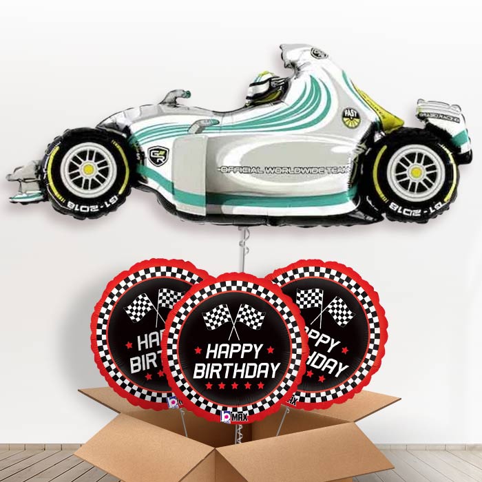 Giant Grey Racing Car Helium Balloon in a Box - With 3 Themed Balloons | Party Save Smile