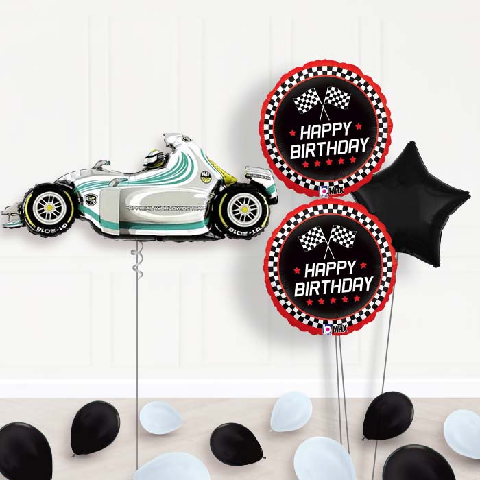 Giant Grey Racing Car Balloon Bouquet Delivery-Giant Balloon + 2 Themed Balloons + 1 Plain Balloon + Mini Balloons 