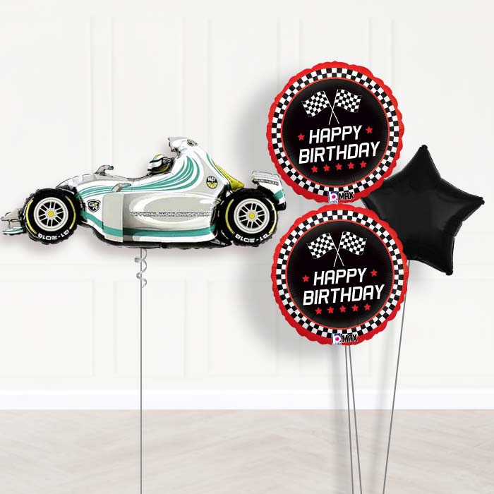 Giant Grey Racing Car Balloon Bouquet Delivery-Giant Balloon + 2 Themed Balloons + 1 Plain Balloon 
