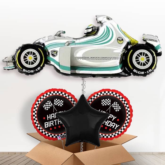 Giant Grey Racing Car Helium Balloon in a Box-1 x Giant Balloon and 2 Themed Balloons and 1 Plain Balloon 
