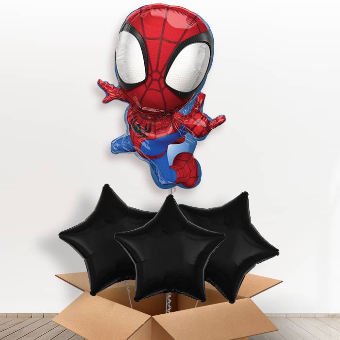 Shaped Spiderman Helium Balloons in a Box Gift - With 3 Plain Balloons | Party Save Smile