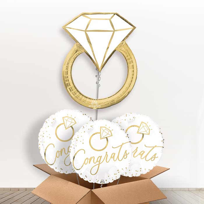 Gold Wedding Ring Helium Balloon in a Box - with 3 Themed Balloons | Party Save Smile