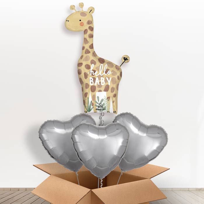 Giant Giraffe Hello Baby Helium Balloon in a Box - With 3 Plain Balloons | Party Save Smile
