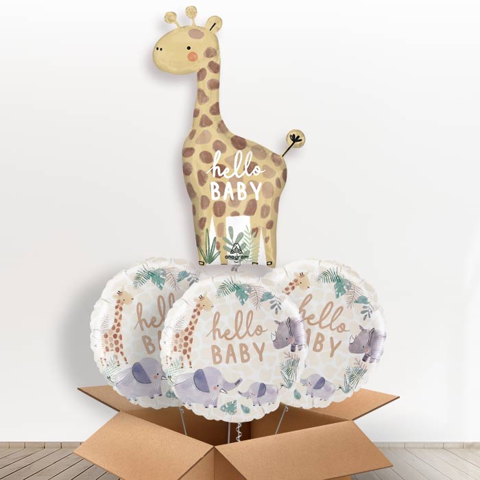 Giant Giraffe Hello Baby Helium Balloon in a Box - With 3 Themed Balloons | Party Save Smile