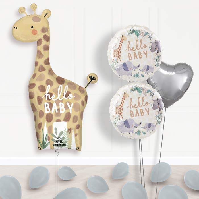 Giant Giraffe Hello Baby Balloon Bouquet Delivery-Giant Balloon + 2 Themed Balloons + 1 Plain Balloon + Mini Balloons 