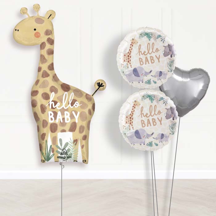 Giant Giraffe Hello Baby Balloon Bouquet Delivery-Giant Balloon + 2 Themed Balloons + 1 Plain Balloon 